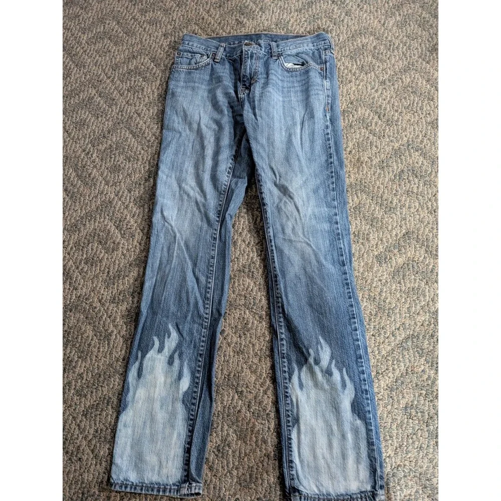 Old Navy Men Custom Bleached Flame Straight Leg Jeans Blue Denim 30x34 Y2K Style